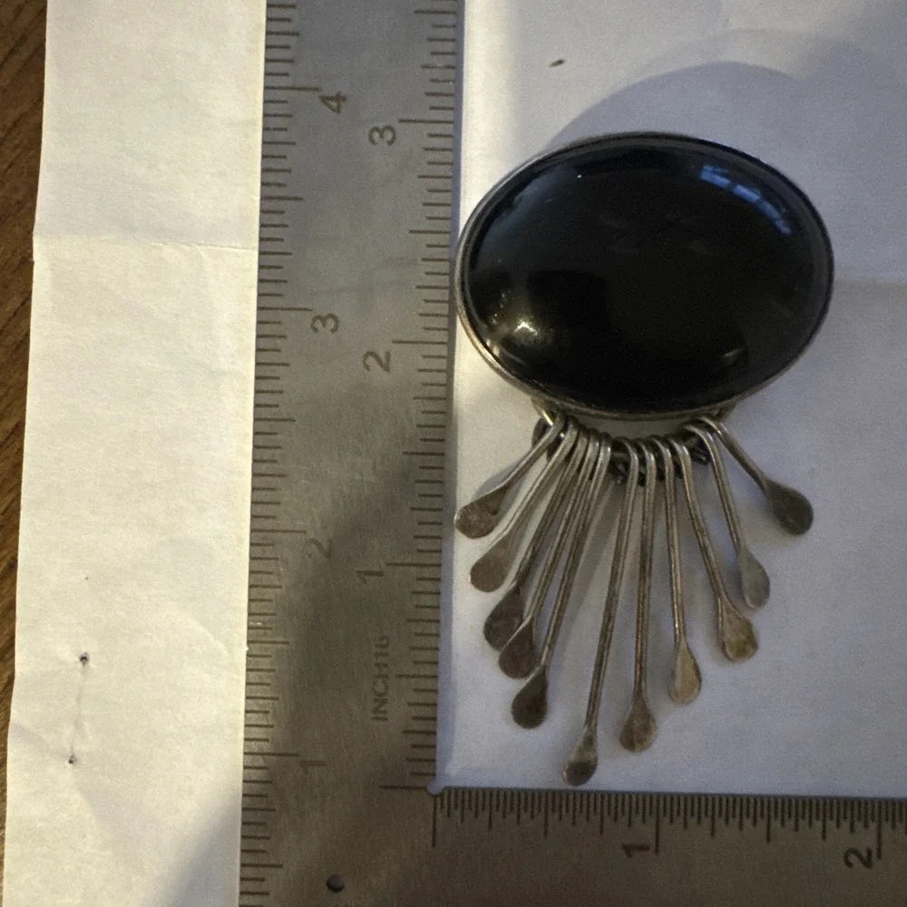 AIS Mexico Sterling Silver Black Onyx Brooch Pendant Fringe Dangles 27.3g